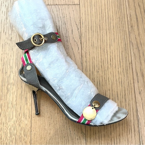 Silver High Heel Sandal’s w. Pink Striped Straps Gold Accessories Size 7 - Picture 7 of 9